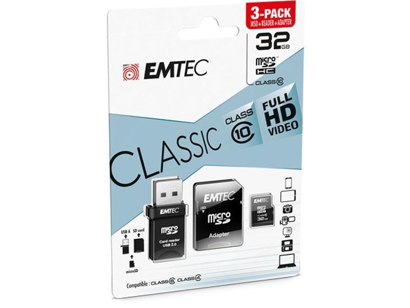 MicroSDHC 32GB EMTEC 3in1 SD/USB Adapter CL10 CLASSIC Blister