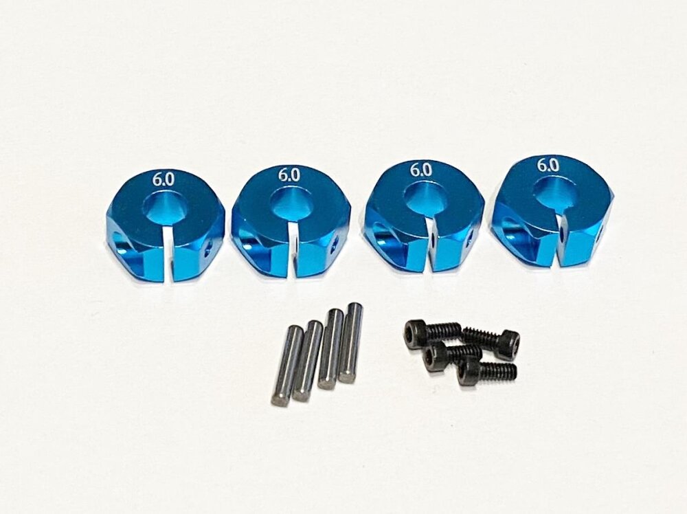 Radmitnehmer Aluminium, 12mm Blau, 4 Stück 6mm mit Pins, schraubbar, 1mm offset
