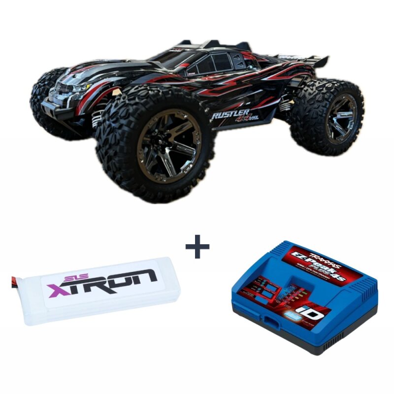Traxxas Combo Rustler 4x4 VXL HD rot 1/10 RTR Brushless + Lipo + Lader