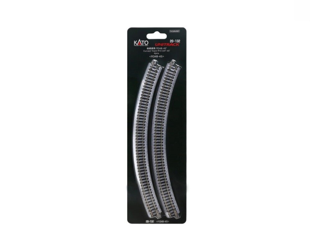 Kato Spur N K20-132 Gleis gebogen R348mm 45° 4 Stück, Holzschwellen