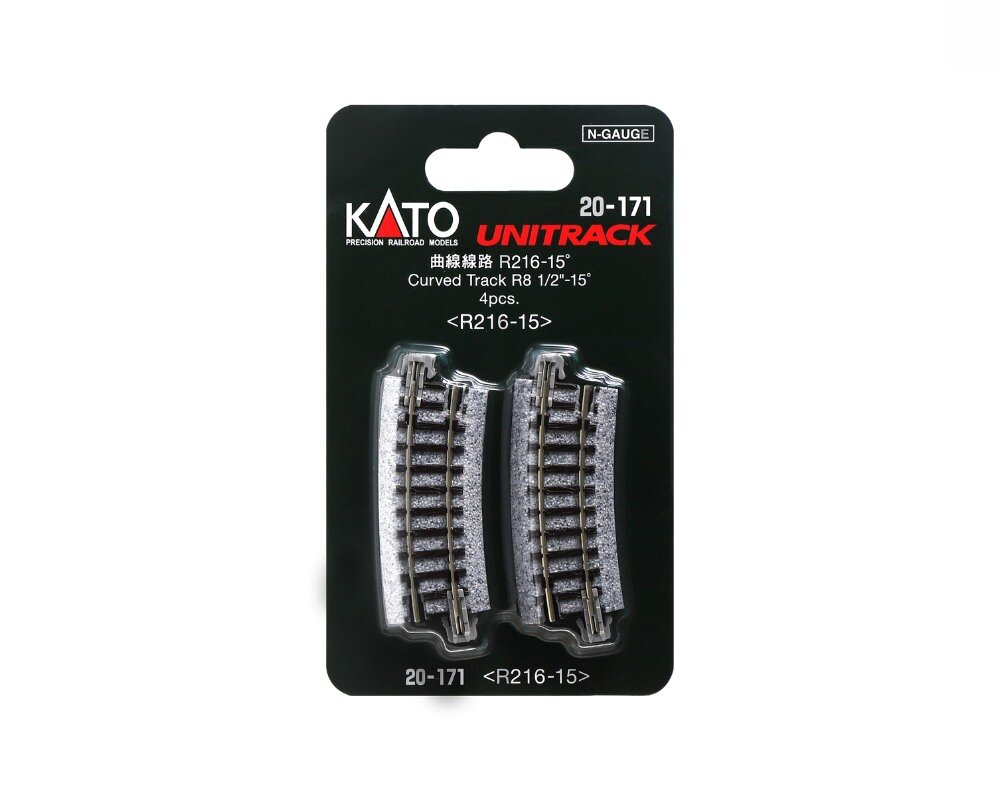 Kato N K20-171 Gleis gebogen R216mm 15° 4 Stück Holzschwellen