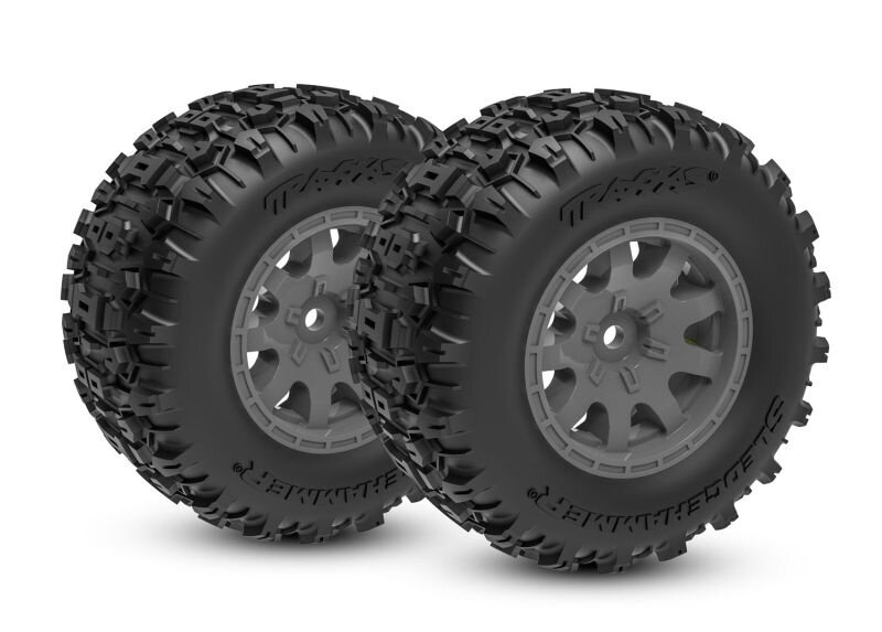 Traxxas TRX10771 Mini-Maxx Reifen auf Felgen grau Sledgehammer vorne (2)
