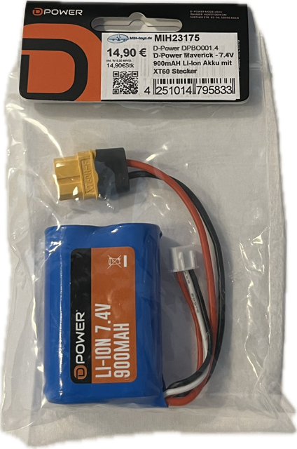 D-Power Maverick - 7.4V 900mAH Li-Ion Akku mit XT60 Stecker