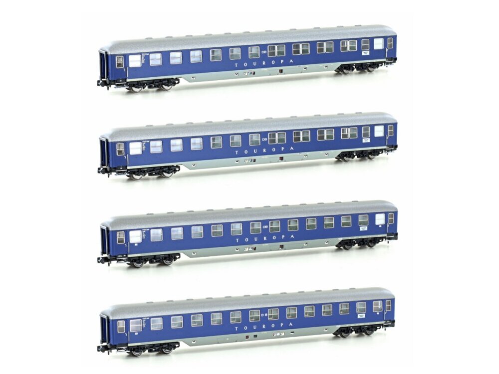 Hobbytrain H22200 Spur N 4er Set Liegewagen DB/ TOUROPA, Ep.IIIb, Set 1 mit Innenbeleuchtung